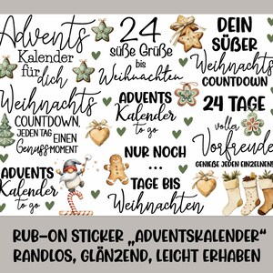 Könnte beinhalten: Ein weißer Aufkleber mit verschiedenen weihnachtlichen Grafiken und Text auf Deutsch. Das Design umfasst Lebkuchenmänner, Herzen, Sterne und die Wörter "Adventskalender" und "Weihnachten".