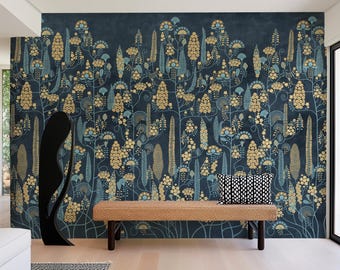 Midnight Botanical Wall Mural | Elegant Vintage Floral Pattern Statement Nature Wallpaper