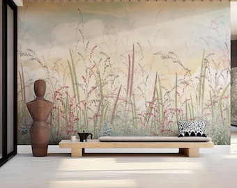 Wildflower Meadow Wall Mural, Soft Botanical Wallpaper with Pastel Flowers and Grasses