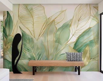 Elegant Botanical Wall Mural | Green Leaves Watercolor Nature Wallpaper