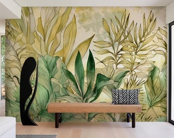 Botanical Greenery Wall Mural | Neutral Nature Leaves Watercolor Wallpaper