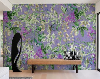 Vintage Botanical Wall Mural | Purple Floral Garden Wallpaper with Butterflies