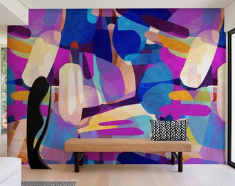 Pink Purple Abstract Unpasted Wall Mural | Modern Organic Shapes Contemporary Peel and Stick Wallpaper