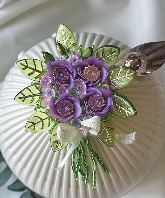 Hand Made Embroidered Beaded Bouquet of Purple Flowers Brooch Pin
