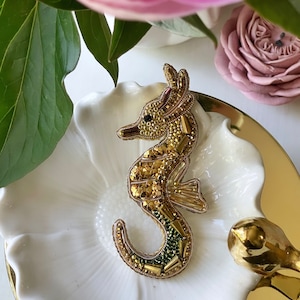 Seahorse beaded gold brooch