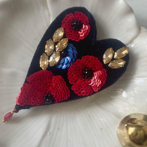 Hand made embroidered beaded black heart brooch with flowers, Luxury gift for her