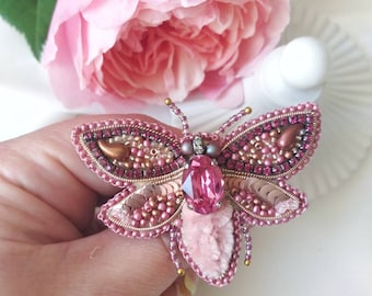 Beaded pink cicada brooch, butterfly pin, Gift for mother