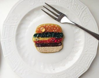 Burger beaded pin, Hamburger embroidered brooch, food pin