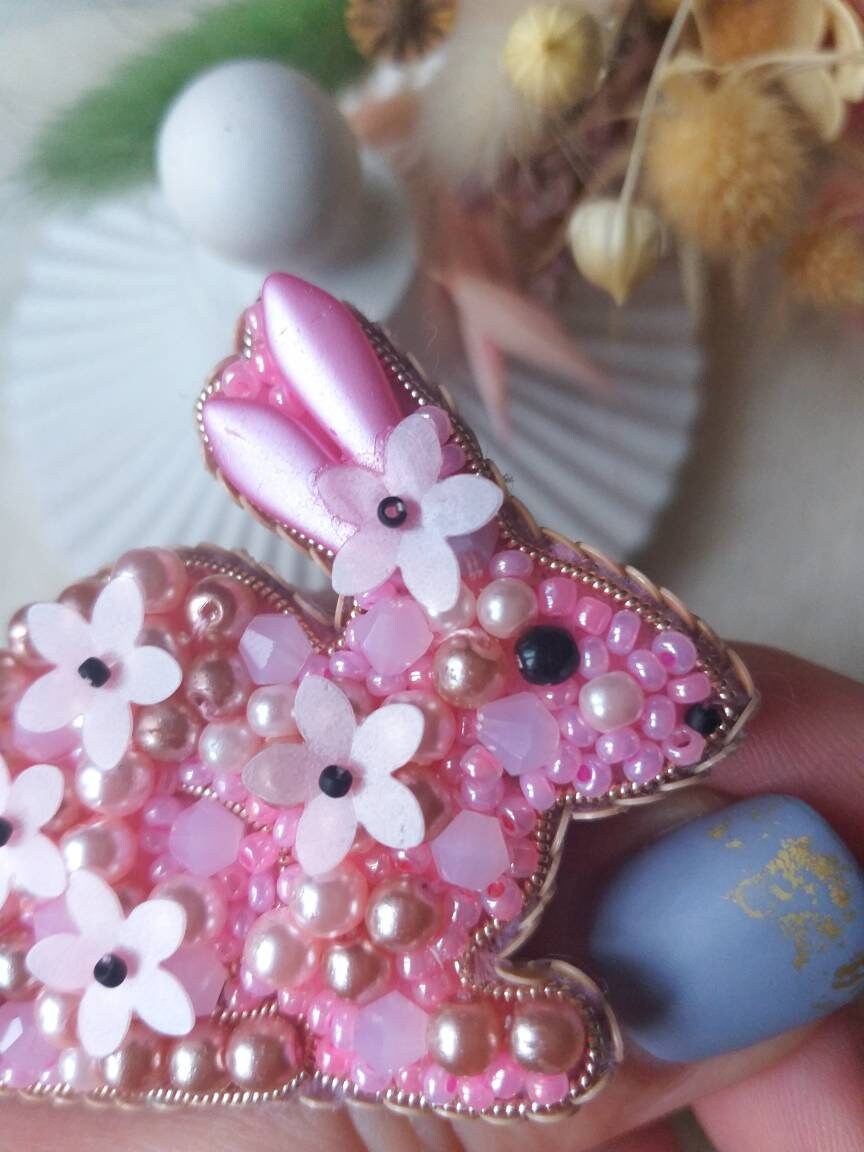 Pink Beaded Rabbit Pin Brooch - Etsy