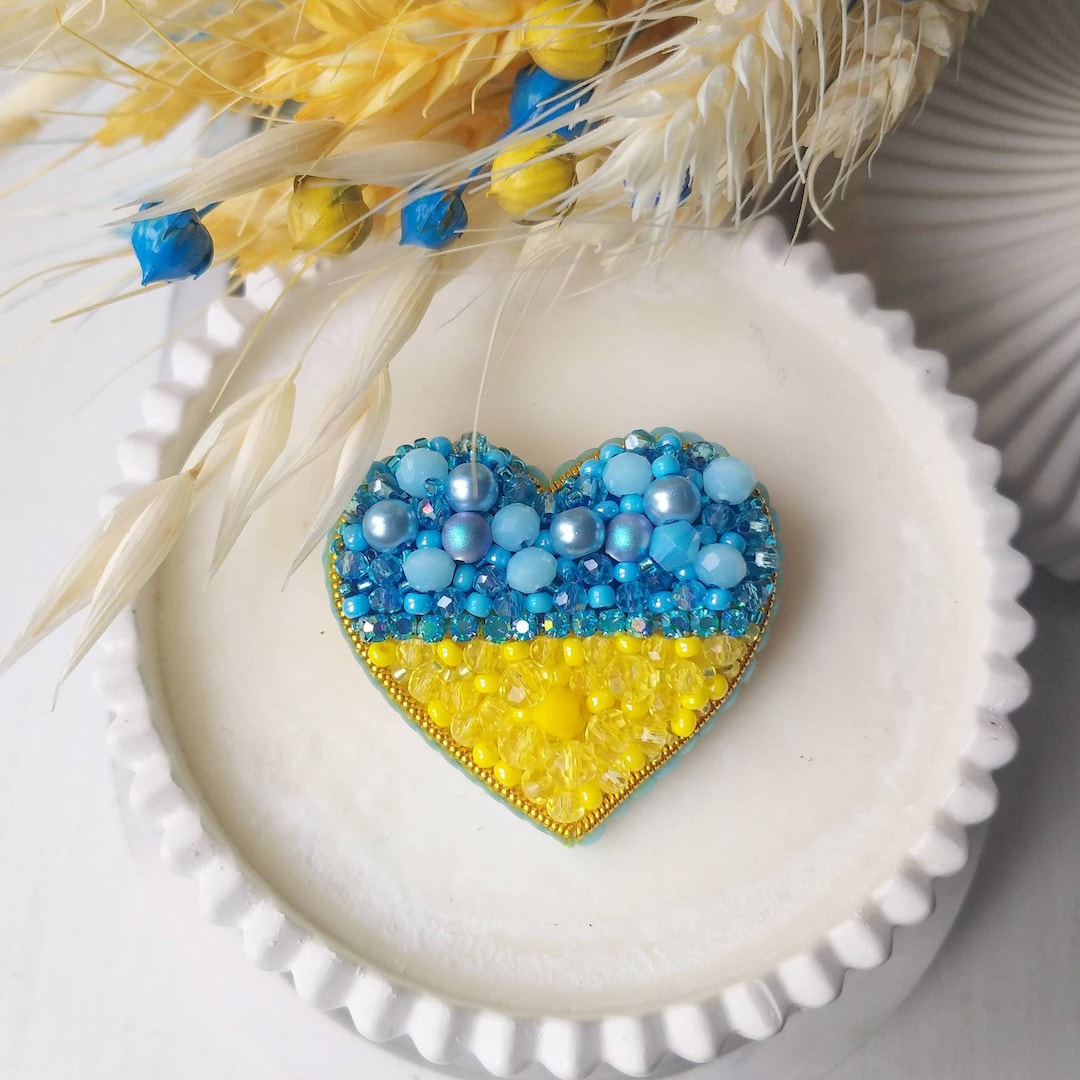 Beaded Heart Pin Stay With Ukraine Pin Pray for Ukraine Etsy