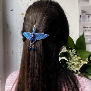 Hand made beaded embroidered blue bird hair pin