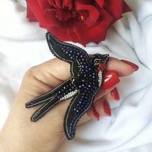 Handmade Beaded Swallow Brooch: Embroidered Bird Pin