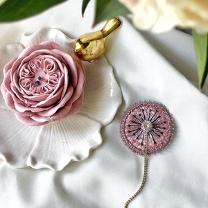Beaded embroidered pink gold silver dandelions pin