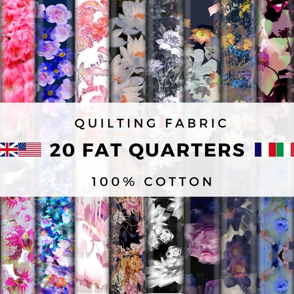20 Fat Quarters,Cotton Quilting,Imprints abstract flowers,leaves mix repeat seamless pattern,Digital hand drawn picture, Mask 5 yards 18x21"