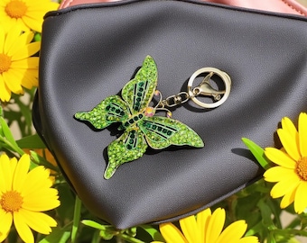 Green Butterfly Keychain ,Sparkling Crystal Rhinestones Keyring ,Bag Pendant Charms Decoration,Purse Pendant.