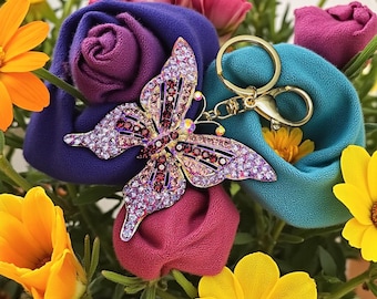 Purple  Butterfly Keychain, Sparkling Crystal Rhinestones Keyring, Bag Pendant Charms Decoration, Purse Pendant.