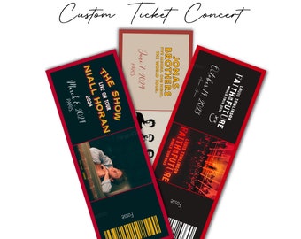 May include: Three concert tickets with red and black designs. The tickets are for Niall Horan, Jonas Brothers, and Louis Tomlinson. The tickets have the dates and locations of the concerts.