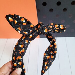 Halloween Knotted Headband, Mickey Pumpkin, Black Velvet, Knot Headband, Knotted Bowband, Top Knot Headband, Bow Headband Candy Corn