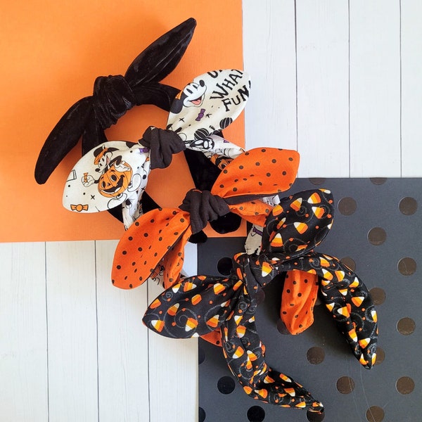 Halloween Mickey Pumpkin Knotted Headband: Black Velvet Bow