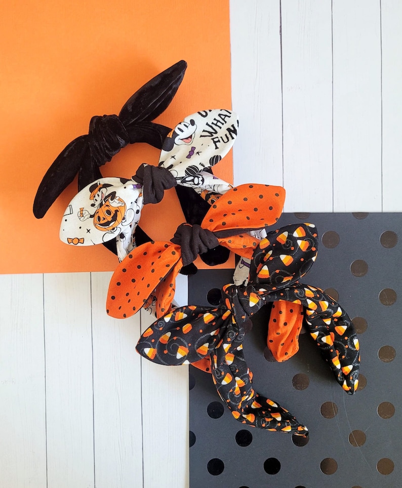 Halloween Knotted Headband, Mickey Pumpkin, Black Velvet, Knot Headband, Knotted Bowband, Top Knot Headband, Bow Headband image 1