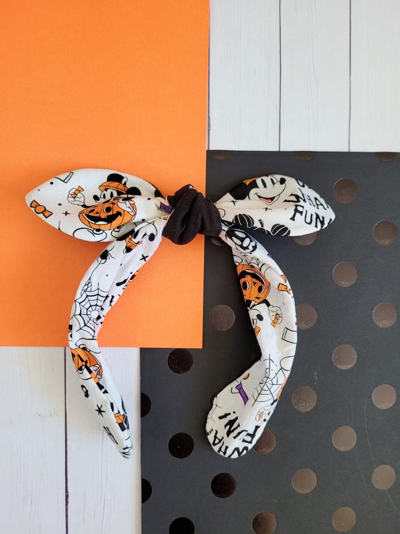 Halloween Knotted Headband, Mickey Pumpkin, Black Velvet, Knot Headband, Knotted Bowband, Top Knot Headband, Bow Headband image 4