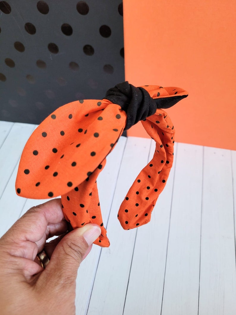 Halloween Knotted Headband, Mickey Pumpkin, Black Velvet, Knot Headband, Knotted Bowband, Top Knot Headband, Bow Headband Orange Polka Dot