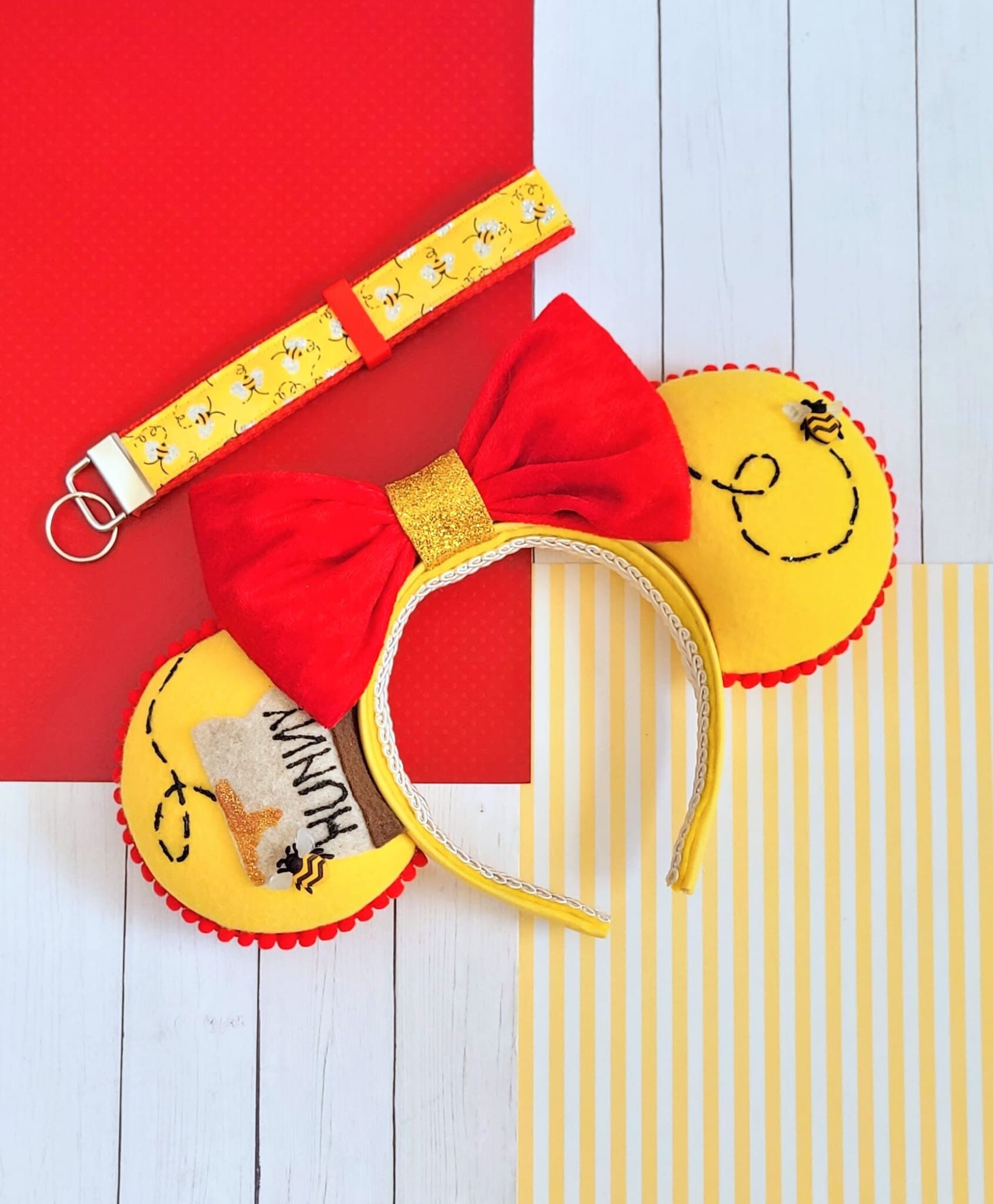 Winnie the Pooh Inspired Ears: Yellow Bear, Red Bow + Key  display picture 2