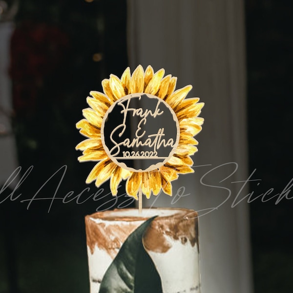 Sunflower Ring Cake Topper, Personalized Couple Name Cake Topper, Bright Wedding Cake Sign, Floral Cake Decor, Party Supply
