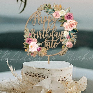 Decorazione per torta di compleanno ad acquerello, inserto rustico per torta di buon compleanno, decorazione personalizzata per torta con fiori colorati, decorazione personalizzata per torta per 30° e 40° compleanno