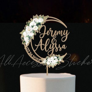 Theme Wedding Cake Topper, Moon Shaped Cake Topper, Floral Cake Topper With Couple Name, Wooden Cake Ornament, Cake Decoration