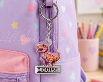 Personalisierter Dinosaurier-Schlüsselanhänger mit Namen, individueller Rucksackanhänger für Kinder, Geschenk zum Schulanfang für Jungen und Mädchen, personalisiertes Schultaschen-Accessoire