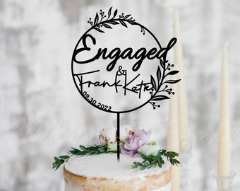 Engagement Cake Topper, Custom Couple Name Cake Topper, Wreath Cake Decor, Laser Cut Wooden Cake Topper, Just Engaged Gift