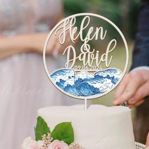 Adorno para pastel de boda playera, adorno personalizado para pastel con temática oceánica, adorno para pastel con olas azules costeras, inserto para pastel de compromiso de verano