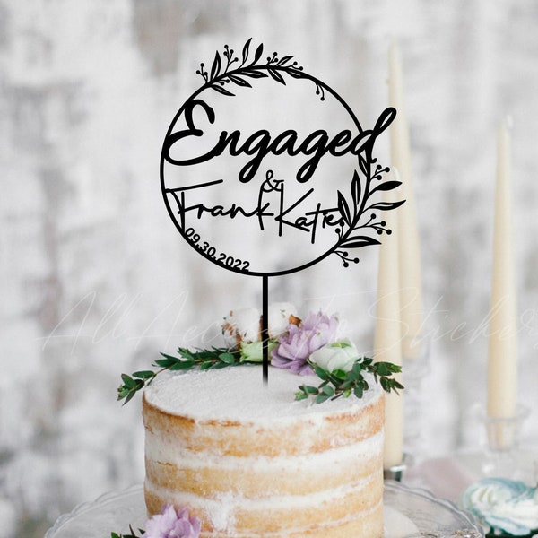 Engagement Cake Topper, Custom Couple Name Cake Topper, Wreath Cake Decor, Laser Cut Wooden Cake Topper, Just Engaged Gift