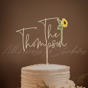 Sunflower Wedding Cake Topper, Minimalist Engagement Cake Topper, Family Name Wedding Cake Sign, Best Gift for Couple