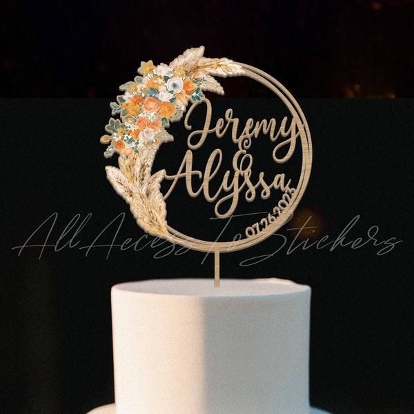 Boho Wedding Cake Topper, Pampa Grass Cake Topper For Party, Personalized Couple Name Cake Topper With Date, Wedding Gift