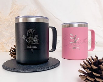 Birth Floral Stainless Steel Mug, Laser Engraved 12oz Coffee Mug, Personalized Insulated Mug With Handle, Best Friend Gift, Camping Cup