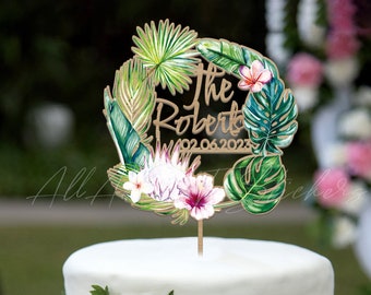 Tropical Wedding Cake Topper, Macrame Leaf Cake Topper, Custom Last Name Cake Sign, Boho Cake Topper, Themed Beach Wedding Decor