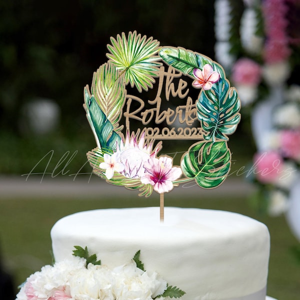 Gâteau de mariage tropical, Macrame Leaf Cake Topper, Signe de gâteau de nom de famille personnalisé, Boho Cake Topper, Décor de mariage sur le thème de la plage