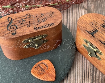 Personalized Guitar Pick Case, Custom Name Picks Plectrum Holder, Engraved Wooden Box For Guitar Player, Gift For Guitarist Musician