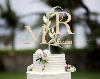 Décoration de gâteau jardin couple initiales, décoration de gâteau de mariage, décoration de fiançailles minimaliste, cadeau d'anniversaire de mariage 50 or