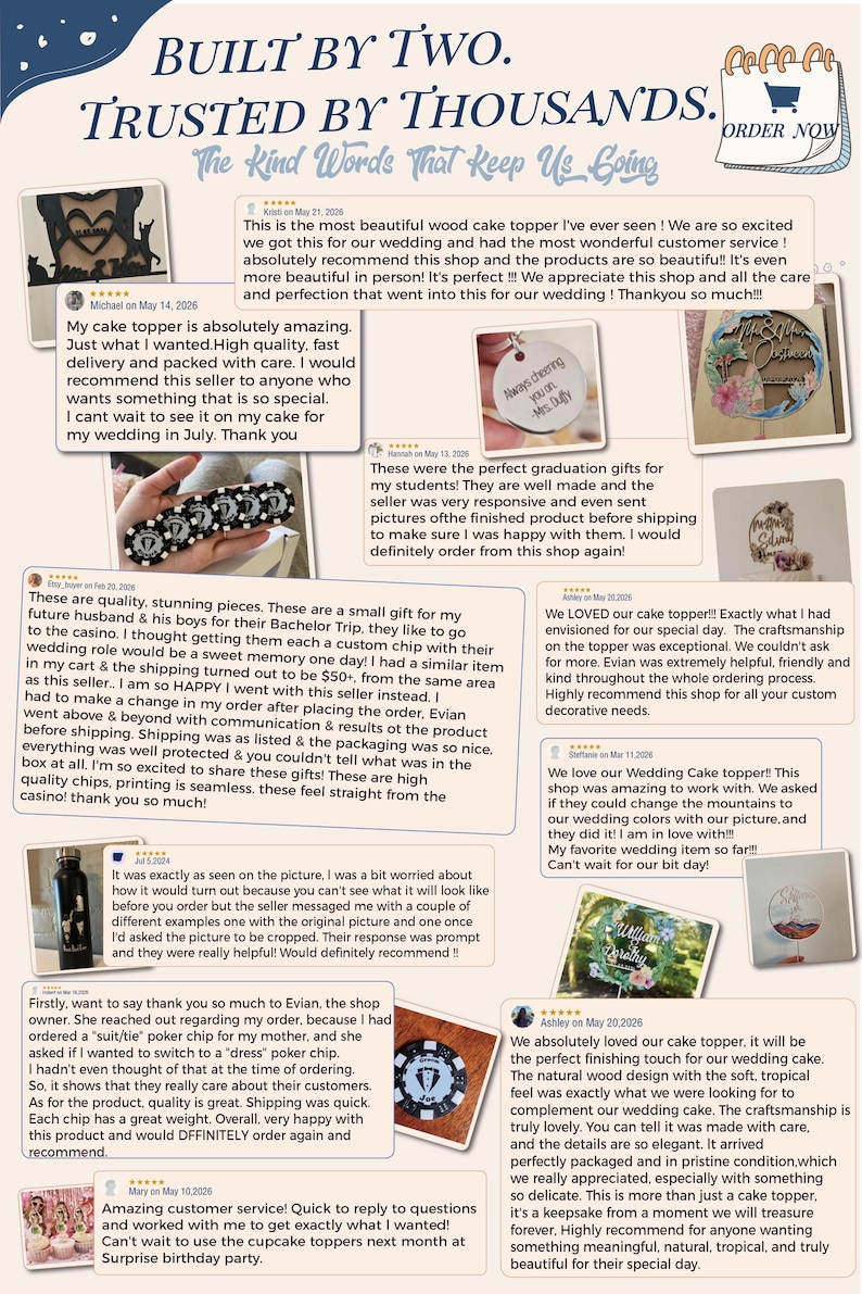 Puede incluir: Un collage de rese&ntilde;as de clientes con varios productos personalizados, incluidos adornos de madera para pasteles, fichas de p&oacute;quer personalizadas y etiquetas de metal grabadas. El texto dice BUILT BY TWO. TRUSTED BY THOUSANDS. The Kind Words That Keep Us Going.