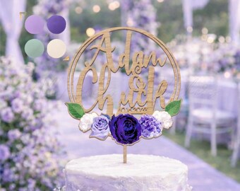 Purple Floral Wedding Cake Topper, Personalized Name Cake Sign, Custom Wooden Cake Topper, Elegant Lavender Violet Wedding Decor