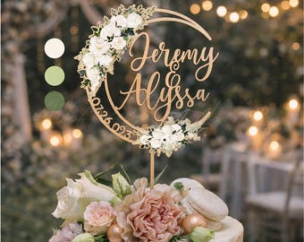 Celestial Wedding Cake Topper: Moon & Floral, Custom Couple Name