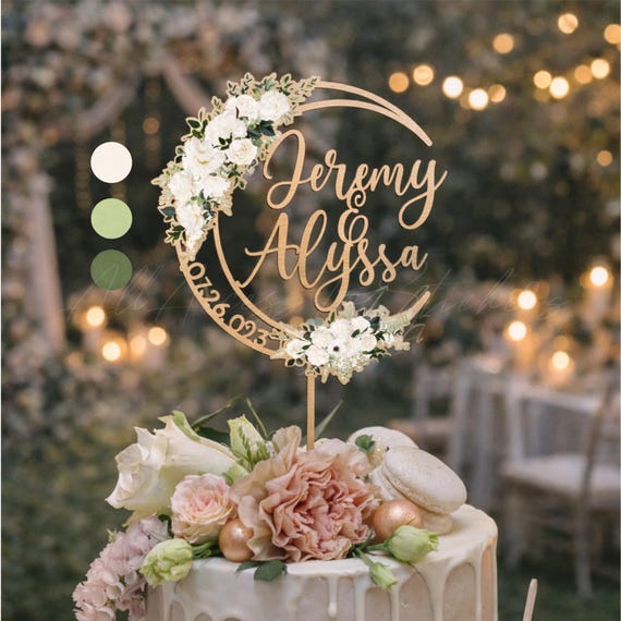 Celestial Wedding Cake Topper: Moon & Floral, Custom Couple Name