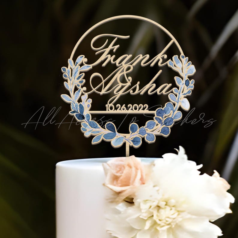 Blue Floral Wedding Cake Topper, Personalized Name & Date Cake Topper ...