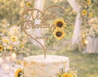 Adorno para tarta de girasol, adorno para tarta de boda en el jardín, adorno personalizado con nombre de pareja, adorno de acuarela, adorno para compromiso