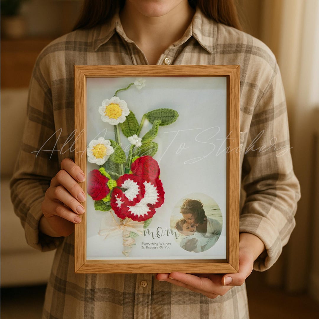 Crochet Carnation Bouquet, Custom Photo Frame, Handmade Shadow Box ...