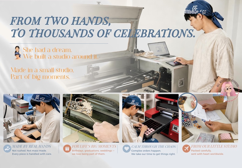 May include: A collage showing a laser engraving machine, a person wearing a blue headscarf operating equipment, and the production of small circular items. Text reads: FROM TWO HANDS, TO THOUSANDS OF CELEBRATIONS. She had a dream. We built a studio.