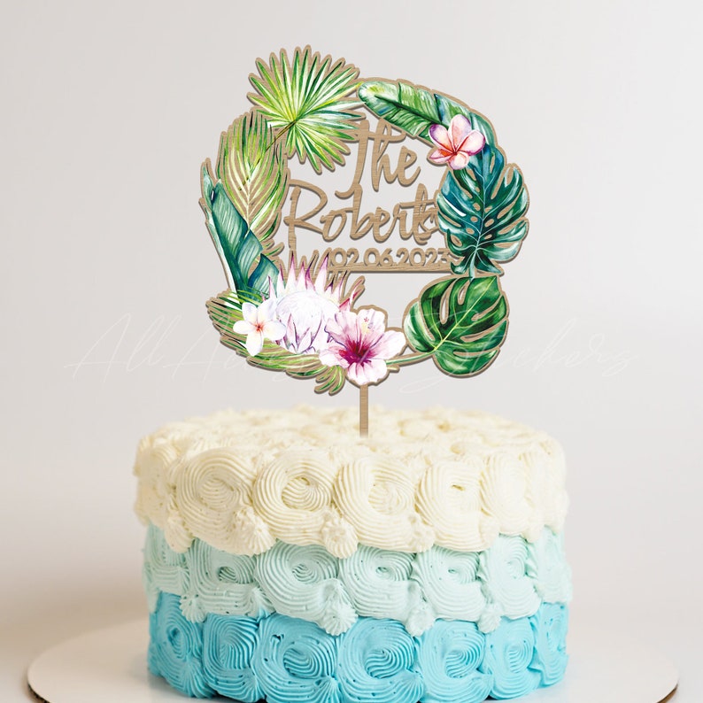 Tropical Wedding Cake Topper, Macrame Leaf Cake Topper, Custom Last Name Cake Sign, Boho Cake Topper, Themed Beach Wedding Decor image 8